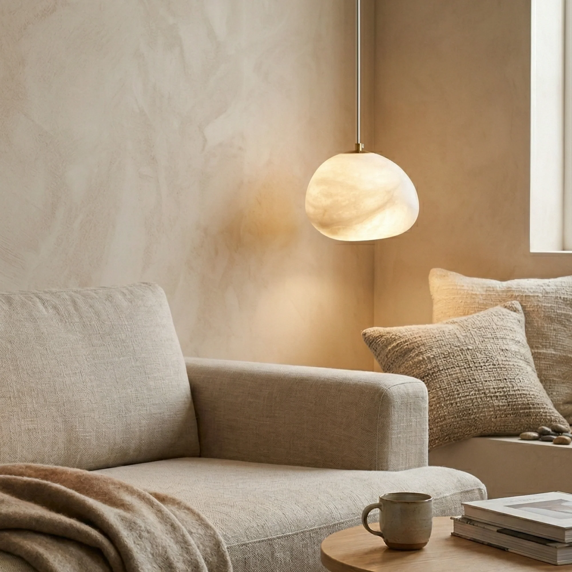 Elegant Pendant Light Brass Alabaster Adjustable Height