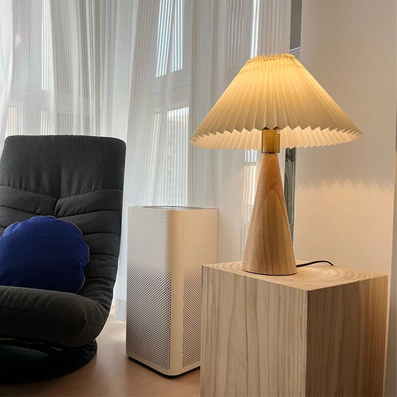 Japanese Minimalist Wooden Pleated Fabric LED Table Lamp