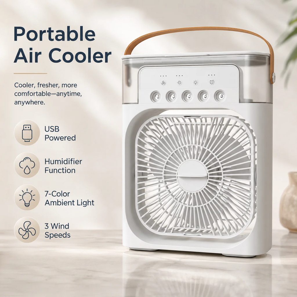 3-in-1 Portable Air Cooler with LED Night Light, USB Desktop Fan & Humidifier