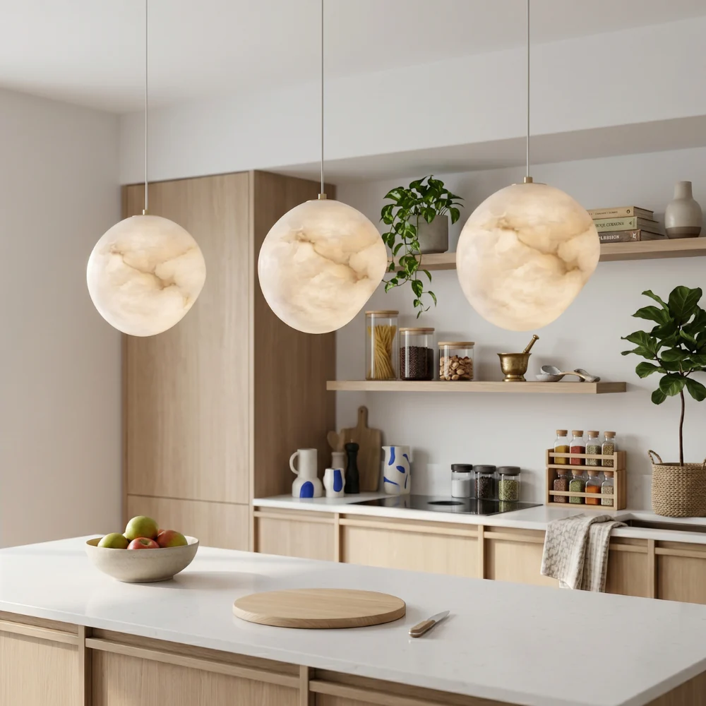 Elegant Pendant Light Brass Alabaster Adjustable Height