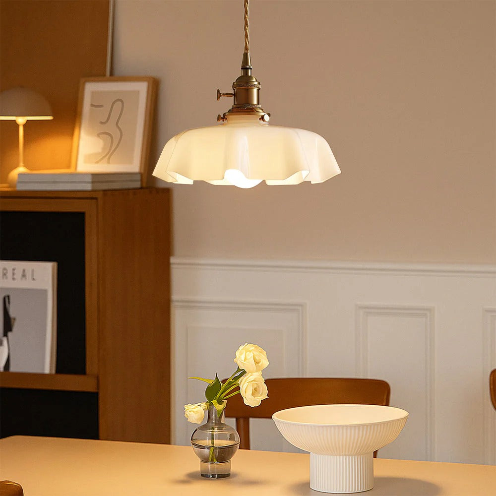 Pendant light with scalloped cream glass shade